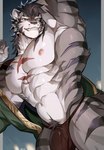 abs anthro asian_clothing biped black_nose black_stripes blurred_background brown_pubes bulge cheek_tuft chest_scar claws clothed clothing detailed_bulge east_asian_clothing facial_tuft finger_claws fur glistening glistening_body green_clothing green_kimono grey_body grey_fur hair hands_behind_head inner_ear_fluff japanese_clothing kimono male male_anthro multicolored_body multicolored_fur muscular muscular_anthro muscular_male nipples open_clothing open_kimono orange_eyes pecs pubes scar sharp_teeth smile solo striped_body striped_fur striped_legs stripes tail teeth tuft underwear white_body white_fur white_inner_ear_fluff x_scar chung0_0 sdorica yao_(sdorica) felid mammal pantherine tiger 2025 digital_drawing_(artwork) digital_media_(artwork) hi_res