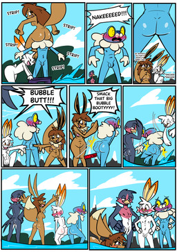 3_fingers 3_toes 4_fingers anthro assisted_exposure balls big_breasts big_butt bisexual blue_balls blue_body blue_penis blush blush_face blush_lines breasts brown_body brown_fur brown_hair butt butt_slap clothing dialogue embarrassed embarrassing_nudity exhibitionism facesitting feet female fingers flaccid fur genitals group hair humiliation lake male male/female male/male nipples nude nude_anthro nude_female nude_male penis penis_size_difference pink_nipples plantigrade pokemorph red_nipples sitting_on_another skinny_dipping slap slim slim_anthro slim_female slim_male smack smacking smacking_ass small_penis smile spanked_butt spanking standing swimming_trunks swimwear text toes undressing vulva water white_balls white_body white_fur white_penis birbpan nintendo pokemon amphibian avian canid canine eevee froakie frog generation_1_pokemon generation_3_pokemon generation_6_pokemon generation_8_pokemon lagomorph mammal pokemon_(species) scorbunny taillow comic english_text hi_res multiple_scenes