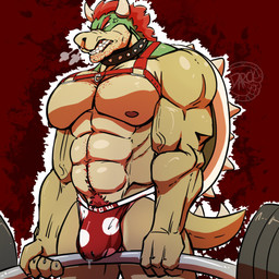 abs anthro barazoku barbell biceps big_bulge big_muscles bodily_fluids body_hair breath bulge clenched_teeth clothing cross-popping_vein exercise eyebrows facial_hair genital_fluids hair happy_trail harness horn huge_muscles jockstrap male muscular muscular_anthro muscular_male narrowed_eyes navel nipples non-mammal_nipples obliques pecs precum precum_through_clothing precum_through_jockstrap precum_through_underwear pubes red_background shell simple_background solo spiked_shell spikes spikes_(anatomy) standing stubble teeth underwear vein weightlifting wet wet_clothing workout darckhumor bowser_day mario_bros nintendo bowser koopa scalie 1:1 2022 hi_res watermark
