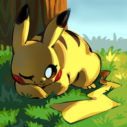 brown_eyes cheek_spots closed_smile day eyelashes female feral grass lying mouth_closed on_front on_ground one_eye_closed outside paws plant pupils quadruped red_cheeks smile solo tail tree white_pupils yellow_body yellow_tail flavia-elric nintendo pokemon generation_1_pokemon pikachu pokemon_(species) 1:1 2026 hi_res