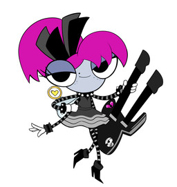4_arms accessory alternative_fashion ankle_boots anthro big_eyes black_bow black_clothing black_dress black_footwear black_high_heels boots bracelet clothing collar double-neck_guitar dress ear_piercing ear_ring eyelashes female footwear freckled_face freckles gloves gold_(metal) gold_ear_ring goth grey_body grey_skin hair hair_accessory hair_ribbon handwear high_heeled_boots high_heels holding_double-neck_guitar jewelry long_eyelashes multi_arm multi_limb piercing pink_hair ribbons ring_piercing shoes solo spiked_bracelet spiked_collar spikes white_clothing white_gloves white_handwear anonymous_artist disney the_buzz_on_maggie maggie_pesky arthropod fly_(animal) insect