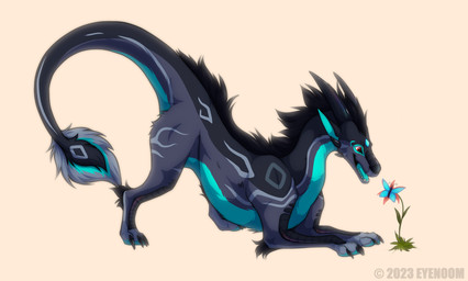 black_body black_claws black_fur black_horn blue_body blue_fur blue_tongue claws downward_dog ears_back female feral flower fur fur_markings horn looking_down markings open_mouth pivoted_ears plant red_eyes simple_background solo tail tail_tuft tan_background tongue tuft shadoweyenoom mythology arthropod butterfly dragon furred_dragon furred_scalie insect lepidopteran mythological_creature mythological_scalie scalie 2023 dated digital_media_(artwork) signature