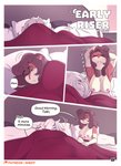 anthro bed big_breasts breasts comic cricetid dialogue english_text felid female furniture hamster hi_res mammal nimzy nipples noms_(nimzy) pantherine pillow rodent size_difference smaller_female text tiger tobi_(nimzy)