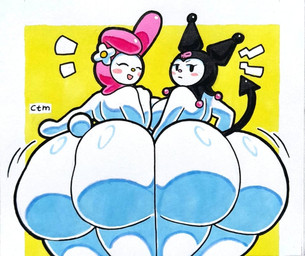 annoyed anthro ass_to_ass big_breasts big_butt black_hood blush breasts butt butt_jiggle clothing daisy_(flower) duo facing_away_from_viewer female female/female flower flower_on_ear fur glistening glistening_body glistening_butt glistening_clothing happy happy_smile hood huge_butt imp_tail jiggling motion_lines nude nude_female pink_hood pink_nose pink_skull plant scut_tail short_tail simple_background smile spade_tail tail text white_body white_fur wiggle_lines yellow_background yellow_nose mr_ctm onegai_my_melody sanrio kuromi my_melody demon imp lagomorph leporid mammal rabbit 2025 artist_name colored shaded signature traditional_media_(artwork)