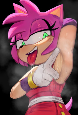 after_kiss anthro armpit_fetish bodily_fluids clothed clothing female green_eyes hair multicolored_body open_mouth open_smile pink_body presenting_armpit smile lilmoonie sega sonic_boom sonic_the_hedgehog_(series) amy_rose amy_rose_(boom) eulipotyphlan hedgehog mammal