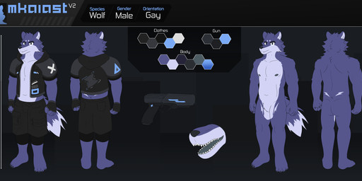 4_toes anthro black_clothing blue_eyes bottomwear butt claws clothing color_swatch eyebrows fangs feet finger_claws fingerless_gloves fluffy fluffy_tail fur gloves grey_clothing gun handgun handwear hood jacket looking_at_viewer male navel nipples nude open_mouth pistol pockets purple_body purple_fur ranged_weapon shorts solo streetwear tail techwear teeth text toe_claws toes topwear tuft weapon mkaiast mkaiast_(character) canid canine canis mammal wolf absurd_res english_text hi_res model_sheet watermark
