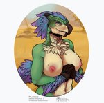 anthro areola beak breasts claws feather_hair feathers female green_body green_scales heterochromia horn looking_at_viewer navel nipples nude nude_anthro outside pseudo_hair savanna scales simple_background smile solo tail sarcoph capcom monster_hunter dinosaur prehistoric_species reptile scalie seikret wild_ride hi_res