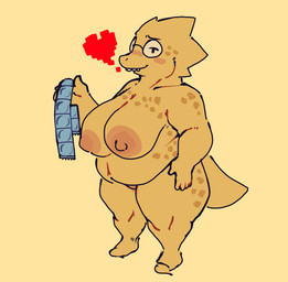anthro areola belly big_belly big_breasts black_eyes blush breasts condom deep_navel eyewear female freckles front_view glasses heart_symbol holding_condom holding_object huge_breasts navel nipples non-mammal_breasts non-mammal_navel non-mammal_nipples nude orange_areola orange_nipples overweight overweight_anthro overweight_female round_glasses scales sexual_barrier_device simple_background solo thick_thighs wide_hips yellow_background yellow_body yellow_scales thepinkjay5 undertale_(series) alphys reptile scalie