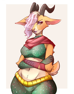 anthro bottomwear breast_play breasts clothing crossed_arms crotch_lines eyelashes eyeshadow female glistening_eyelids hair hair_over_eye horn lipstick long_eyelashes looking_at_viewer makeup navel purple_eyeshadow scut_tail short_tail skirt solo tail topwear tuft white_hair wide_hips zevulpes disney zootopia gazelle_(zootopia) antelope bovid gazelle mammal hi_res