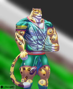 abs anthro barazoku biceps big_penis bulge clothed clothing erection fur genitals humanoid_genitalia humanoid_penis male muscular muscular_anthro muscular_male penile penis simple_background solo tail browncatfe zayu_(fifa) felid feline jaguar mammal pantherine absurd_res digital_media_(artwork) hi_res