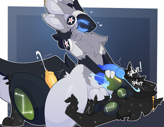 2_penises anthro balls black_body black_fur blue_cum blue_penis bodily_fluids colored_cum cum cum_in_mouth cum_inside duo ear_piercing ejaculation erection fur genital_fluids genitals grey_body grey_fur knot knotted_penis machine male male/male multi_genitalia multi_penis oral oral_penetration penetration penis penis_on_face piercing thick_thighs unusual_bodily_fluids unusual_cum unusual_genital_fluids yellow_penis keryel caelum_(tinea) laggy172 protogen hi_res