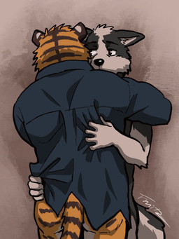 anthro black_body black_fur blue_clothing brown_eyes butt cheating_husband clothed clothing duo folded_ears fur hand_on_hip hug male male/male nude orange_body orange_fur pantsless pantsless_male sad striped_body stripes tail undressing_another white_arms white_body white_fur fruitz canid canine canis felid mammal pantherine tiger wolf 3:4 hi_res