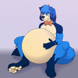 abdominal_bulge anthro belly belly_hug belly_rub big_belly blue_body hug huge_belly inside male oral_vore paws smile soft_vore solo tail vore duskovich vlada_dusk voriswolf canid canine canis domestic_dog mammal 1:1 animated