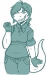 anthro bottomwear breasts clothed clothing fangs female fully_clothed gloves hair handwear looking_at_viewer non-mammal_breasts pants ribbons shirt smile solo tail teeth topwear jean_(artist) neopets dinosaur grarrl neopet_(species) prehistoric_species reptile scalie theropod blue_and_white hi_res monochrome sketch