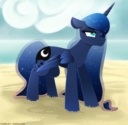 beach blue_body blue_eyes blue_hair blue_tail cutie_mark ethereal_hair eyelashes feathered_wings feathers female feral grumpy hair half-closed_eyes horn narrowed_eyes sand seaside solo standing tail water wet wings andaluce pabbley friendship_is_magic hasbro my_little_pony mythology princess_luna_(mlp) equid equine mammal mythological_creature mythological_equine winged_unicorn 2022 artist_collaboration digital_media_(artwork) hi_res signature