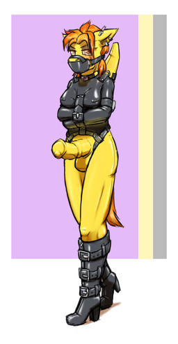 anthro anthrofied balls bdsm biped blush bondage boots bound breasts clothing collar condom_suit erection feathered_wings feathers footwear genitals glistening gynomorph hair half-closed_eyes intersex latex looking_at_viewer muzzle_(object) muzzled narrowed_eyes nipple_piercing nipples orange_hair penis piercing restraints shoes simple_background skinsuit solo straitjacket submissive submissive_intersex tight_clothing wings yellow_body yellow_feathers krd friendship_is_magic hasbro my_little_pony mythology spitfire_(mlp) wonderbolts_(mlp) equid equine mammal mythological_creature mythological_equine pegasus 2014 absurd_res hi_res