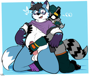 anthro anthro_on_anthro ball_tuft balls barefoot beanie belly_tuft black_body black_bottomwear black_clothing black_eyes black_eyewear black_fur black_glasses black_hair black_inner_ear black_jacket black_nose black_pants black_topwear blue_background blue_body blue_fur bodily_fluids border bottomless bottomless_male bottomwear bottomwear_down clothed clothing cute_fangs dipstick_ears dipstick_tail duo ear_markings eyewear facial_markings fangs feet freckles fur genitals glans glasses gloves gloves_(marking) green_clothing green_gloves green_handwear green_hat green_headwear green_jacket green_topwear grey_body grey_fur grin grope hair handjob handjob_from_behind handwear hat head_markings headgear headwear interspecies jacket kneeling looking_down male male/male markings mask_(marking) moobs multicolored_ears nipples open_clothing open_jacket open_mouth open_topwear orange_clothing orange_underwear overweight overweight_anthro overweight_male pants pants_down partially_clothed pawpads penile penis pink_glans pink_nipples pink_pawpads pink_penis pupils purple_body purple_clothing purple_eyes purple_fur purple_underwear reach_around sex sharp_teeth simple_background smile sweat tail tail_markings teeth text text_on_clothing text_on_hat text_on_headwear topwear tuft underwear white_balls white_body white_border white_clothing white_fur white_jacket white_topwear felino cookie_(nick-sona) trick_(tricktrashing) canid canine canis mammal procyonid raccoon wolf 2022 hi_res japanese_text