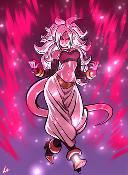 abstract_background arm_warmers armwear bare_shoulders black_nails black_sclera clothed clothing colored_nails ear_piercing female footwear grin hair humanoid_pointy_ears long_hair nails navel neck_ring not_furry piercing pink_body pink_skin pink_tail pointy_ears red_eyes smile solo tail teeth white_hair liefeldianabomination dragon_ball dragon_ball_fighterz android_21 majin_android_21 alien alien_humanoid humanoid majin 2018 absurd_res hi_res signature