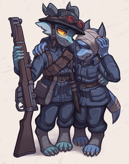 anthro armor bandage belt blue_body clothing digitigrade duo eyebrows eyes_closed eyewear goggles gun hand_on_another's_shoulder hand_on_shoulder headgear helmet horn leg_wraps male military military_uniform ranged_weapon rifle soldier standing uniform warrior weapon wraps yellow_sclera goobone kobold scalie 2025 hi_res
