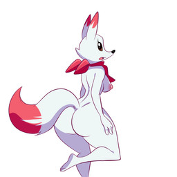 anthro black_nose breasts brown_eyes butt female kerchief nipples open_mouth presenting presenting_hindquarters rear_view simple_background solo tongue white_background lonbluewolf canid canine fox mammal 1:1 character_request