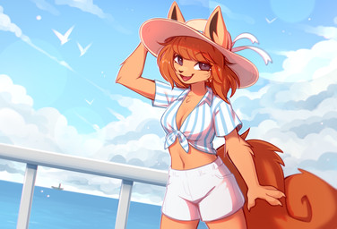 anthro biped bottomwear breasts claws clothed clothed_anthro clothed_female clothing female fingers front_view fully_clothed fully_clothed_anthro fully_clothed_female fur hair hat headgear headwear looking_at_viewer navel solo standing tail teeth tongue topwear bloominglynx canid canine mammal 2026 digital_drawing_(artwork) digital_media_(artwork) hi_res