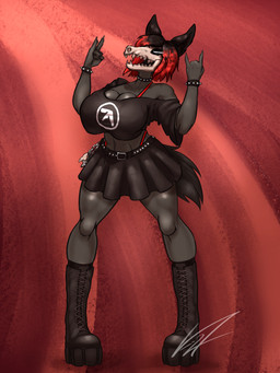anthro belt belt_chain black_body black_hair bone boots bottomwear bra_strap bracelet clothing collar crop_top devil_horns_(gesture) female footwear gesture hair hand_gesture highlights_(coloring) jewelry off-shoulder_crop_top platform_boots platform_footwear red_highlights shirt shoes skirt skull skull_head solo spiked_bracelet spiked_collar spikes standing studded_belt studs thong_straps topwear peachhqa aphex_twin mythology malory_(zillasharkeh) canid canid_demon canine demon hellhound mammal mythological_canine mythological_creature 3:4 absurd_res hi_res