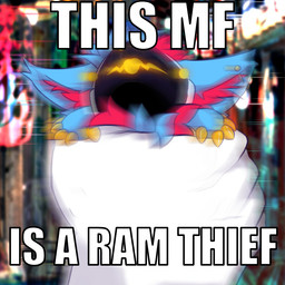 anthro blep blue_body blue_fur blurred_background ear_piercing fur golden_claws industrial_piercing machine male motion_blur piercing protogen_visor red_body red_fur solo text tongue tongue_out yellow_tongue artimuss sweet_tooth_(artimuss) aquatic fish hybrid mammal protogen shark 1:1