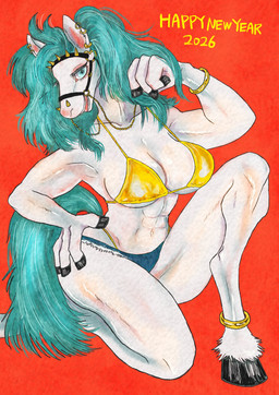 abs anklet anthro big_breasts bikini blue_clothing blue_eyes blue_hair bottomwear bracelet breasts cleavage clothed clothing denim denim_clothing ear_piercing ear_ring facial_piercing female female_anthro fingers fur hair hand_on_hip holidays hooves jewelry lips long_hair looking_at_viewer monotone_body muscular muscular_anthro muscular_female navel nose_piercing piercing pigtails pose red_background reins ring ring_(jewelry) ring_piercing shorts simple_background skimpy smile solo spikes swimwear tail teal_hair text tongue tongue_out two-piece_swimsuit unguligrade white_body white_fur yellow_clothing kyokyota new_year equid equine horse mammal 2026 digital_media_(artwork) english_text hi_res pinup