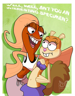 anthro big_breasts bottomwear breasts brown_body brown_fur buckteeth clothed clothing duo female fur hair narrowed_eyes orange_body smile tail teeth text wide_hips toongrowner nickelodeon spongebob_squarepants fish_sandy_cheeks sandy_cheeks suzie_groove aquatic fish hybrid mammal rodent sciurid tree_squirrel digital_media_(artwork) hi_res