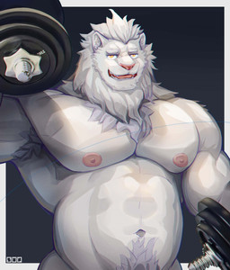 abs anthro armpit_hair barazoku belly biceps big_muscles body_hair exercise flexing happy_trail huge_muscles kemono looking_at_viewer male mane muscular muscular_male nipples open_mouth pecs pink_nipples pink_nose slightly_chubby slightly_chubby_male solo weightlifting weights white_mane workout leoooliooon felid lion mammal pantherine hi_res
