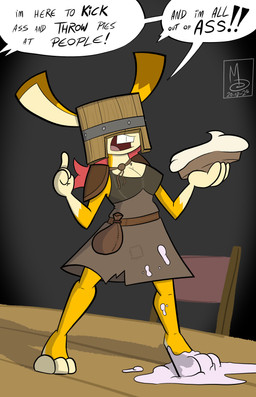 anthro barefoot belt breasts bucket bucket_hat bucket_on_head buckteeth clothed clothing container dessert dialogue feet female fingers food fur furniture gesture hair hand_gesture hat headgear headwear open_mouth orange_body orange_fur pastry pie pie_(food) pointing pouches ragged_clothing red_hair simple_background solo speech_bubble stitch_(sewing) table teeth text topwear white_body white_fur wood wood_furniture wood_table wooden_bucket sebaku dungeons_and_dragons hasbro wizards_of_the_coast jelly-limos canid lagomorph leporid mammal rabbit absurd_res digital_media_(artwork) english_text hi_res