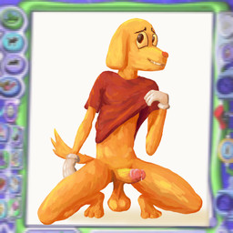 anthro balls bottomless bottomless_anthro bottomless_male circus clothed clothing erection front_view fur genitals glans gloves handwear humanoid_genitalia humanoid_penis male nervous nervous_smile penis presenting presenting_penis red_clothing red_topwear saggy_balls shirt solo t-shirt tail topwear white_clothing white_gloves white_handwear yellow_body yellow_fur yellow_sclera moonringred glitch_productions kid_pix the_amazing_digital_circus scratch_(tadc) bird_dog canid canine canis domestic_dog hunting_dog labrador mammal retriever 1:1 absurd_res digital_media_(artwork) hi_res