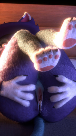 4_fingers 4_toes anthro anus bodily_fluids butt claws cum cum_from_vagina cum_in_vagina cum_inside feet female fingers fluffy fur genital_fluids genitals glowing glowing_eyes hand_on_leg hand_on_own_leg hand_on_own_thigh hand_on_thigh heart_pupils inside legs_up looking_at_viewer lying on_back palmorph pawpads paws pink_pawpads presenting presenting_vulva pseudo_hat purple_body purple_fur realistic_fur solo tail thick_thighs toes vulva wide_hips mrs_dexie furromantic_(modeler) palworld pocketpair katress_(furromantic) felid feline katress mammal pal_(species) 3d_(artwork) 4k 9:16 absurd_res digital_media_(artwork) hi_res