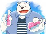 anthro beverage blush clothed clothing fur male one_eye_closed overweight overweight_anthro overweight_male solo white_body white_fur wink 12beat13 utau shirane_kan bear mammal polar_bear ursine 2017