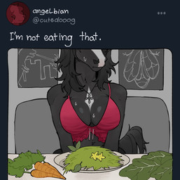 anthro big_breasts black_body black_fur black_hair black_tail bodily_fluids breasts carrot cleavage clothed clothing cross cross_necklace female female_anthro flower food fur furniture grass grey_text hair jewelry leaf long_hair mouth_closed necklace pink_clothing pink_topwear plant plate poster sitting snout solo spinach sweat sweaty_breasts sweaty_face table tail text topwear two_tone_tail vegetable white_body white_fur white_text yellow_flower raccoattack twitter canid canine canis domestic_dog equid equine horse mammal 2025 english_text