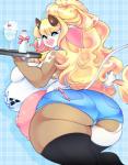 anthro beverage big_breasts big_butt blonde_hair blue_eyes breasts breasts_and_teats butt clothed clothing female hair holding_object horn huge_breasts huge_butt legwear long_hair looking_at_viewer milk smile solo stockings teats thick_thighs thigh_highs udders cherrikissu daisy_(rawk_manx) bovid bovine cattle mammal 2018 absurd_res digital_media_(artwork) hi_res