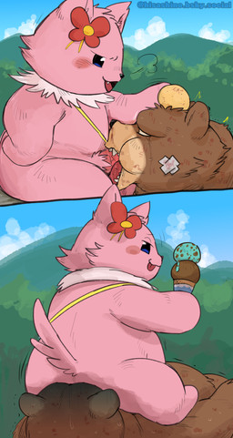 anthro bandage bandage_on_face big_butt blue_eyes blue_sky blush bodily_fluids bruised bruised_face bruised_head butt detailed_background dominant dominant_male duo facesitting fellatio flower fur head_bump larger_sub looking_back looking_down male male/male mountain oral penile pink_body pink_fur plant questionable_consent rear_view sex shaking shoulder_bag sitting sitting_on_another size_difference sky smaller_male smaller_rimmed spiral spiral_eyes submissive submissive_anthro submissive_male sweat tears teeth tongue tongue_out toothy_fellatio tree white_body white_fur white_fur_tuft hisashino amagi_brilliant_park tirami bear canid canine canis domestic_dog mammal pomeranian spitz absurd_res comic digital_media_(artwork) hi_res