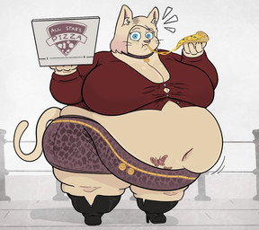 anthro anthrofied belly big_belly big_breasts blonde_hair blue_eyes boots bottomwear box breasts butterfly_tattoo cleavage clothed clothed_anthro clothed_female clothing collar collar_tag container crop_top eating emanata female food footwear fully_clothed fully_clothed_anthro fully_clothed_female gold_belt hair huge_belly huge_breasts knee_boots knee_highs legwear leopard_print_skirt long_sleeves looking_at_viewer midriff miniskirt morbidly_obese morbidly_obese_anthro morbidly_obese_female navel obese obese_anthro obese_female overweight overweight_anthro overweight_female pizza pizza_box red_clothing red_topwear shirt shoes short_hair skirt solo surprised tail tattoo topwear wearing_collar wide_eyed bellbites konami silent_hill maria_(silent_hill) domestic_cat felid feline felis mammal 2026 full-length_portrait hi_res portrait
