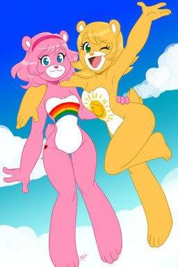 accessory anthro blonde_hair blue_eyes cloudco crossgender duo female fur green_eyes hair headband heart_symbol kemono mtf_crossgender one_eye_closed pink_body pink_fur pink_hair rainbow side_butt smiley_face sun wink yellow_body yellow_fur aeolus06 american_greetings care_bears cheer_bear funshine_bear bear mammal absurd_res colorful_theme digital_drawing_(artwork) digital_media_(artwork) hi_res