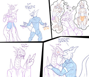 anthro armor balls big_balls big_bulge big_penis blush bottomwear bulge clothed clothes_hanger clothing crotchless_chaps detailed_bulge dialogue duo genitals grin hands_behind_head happy hips_forward hoodie huge_balls huge_bulge huge_penis imagining jockstrap kissing kissing_cheek leaning leaning_backward leggings legwear leotard male male/male penis pose revealing_outfit seductive shopping shorts skimpy sleeves smile stockings stretched_clothing suggestive teasing text thong thought_bubble tight_bottomwear tight_bulges tight_clothing tight_leggings tight_shorts tight_underwear topwear underwear conditional_dnp samagthrav2 bandai_namco digimon ceasar_(samagthrav2) paul_arresterdramon_(samagthrav2) arresterdramon digimon_(species) flamedramon absurd_res comic english_text hi_res pinup