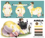 absurd_res anthro armor aurelia_(garsupial) belly big_belly big_breasts big_butt blonde_hair blue_eyes bonkedgrumpus bovid bovid_taur bovine bovine_tail bovine_taur breasts breasts_and_teats butt cattle clothed clothed_male clothing cross_section faceless_character faceless_male female fur hair hi_res hooves horn huge_butt human larger_anthro larger_female male mammal mammal_taur model_sheet nude nude_female overweight overweight_taur quadruped size_difference smaller_human smaller_male tail taur teats udders weapon white_body white_fur yellow_body yellow_fur