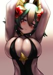 accessory big_breasts blush breasts clothing dark_body dark_skin female flower flower_in_hair green_hair hair hair_accessory hands_above_head not_furry plant red_eyes short_hair simple_background solo swimwear gupunetsu fire_emblem fire_emblem_heroes nintendo laegjarn_(fire_emblem) humanoid absurd_res hi_res