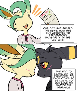 2_panel_comic anthro black_body black_clothing black_fur black_hair black_hoodie black_nose black_text black_topwear blush blush_lines brown_inner_ear closed_smile clothed clothing cute_fangs dipstick_ears duo ear_markings fangs female fur green_body hair happy head_tuft holding_object holding_paper hoodie looking_at_another male markings mouth_closed multicolored_ears open_mouth open_smile paper pink_clothing pokemorph red_eyes ring_(marking) romantic romantic_couple simple_background smile tan_body tan_fur teeth text text_box topwear tuft white_background yellow_body yellow_fur yellow_sclera odeko-yma nintendo pokemon lucky_(odeko-yma) eeveelution generation_2_pokemon generation_4_pokemon leafeon pokemon_(species) umbreon 2026 comic english_text hi_res