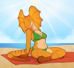 anthro beach bikini breasts claws cleavage clothed clothing crossed_legs feet female frill_(anatomy) medium_breasts navel non-mammal_breasts orange_body seaside sitting solo spots stripes swimwear tail toes towel two-piece_swimsuit water yellow_eyes morgdl abby_(user55) agamid frilled_lizard lizard reptile scalie hi_res