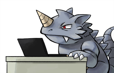 3_fingers ambiguous_gender claws computer desk electronics fingers furniture grey_body horn laptop red_eyes simple_background snaggle_tooth solo table thumpleweed nintendo pokemon generation_1_pokemon pokemon_(species) rhydon 2019 colored digital_media_(artwork) digital_painting_(artwork) painting_(artwork) shaded