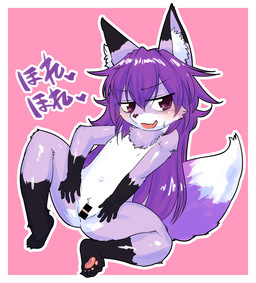 4_toes 5_fingers anthro bangs biped black_body black_claws black_ears black_feet black_fur black_hands blush censored_genitalia censored_vulva cheek_tuft chest_tuft claws countershade_face countershade_legs countershade_torso countershading cute_fangs dark_claws dark_feet dark_hands dipstick_ears dipstick_tail ear_markings eyebrow_through_hair eyebrows facial_tuft fangs feet female female_anthro fingers flat_chested fur genitals gloves_(marking) hair hair_between_eyes heart_after_text humanoid_hands inner_ear_fluff kemono leg_markings light_body light_inner_ear_fluff loli long_hair looking_aside markings monotone_hair monotone_inner_ear multicolored_body multicolored_ears multicolored_fur navel nipples nude open_mouth open_smile outline pawpads pink_pawpads pink_vulva plantigrade purple_body purple_ears purple_eyes purple_face purple_fur purple_hair purple_inner_ear purple_nose purple_tail short_snout smile socks_(marking) solo spread_legs spread_vulva spreading tail tail_markings teeth text toe_claws toes translucent translucent_hair tuft two_tone_ears two_tone_face two_tone_tail vulva white_body white_countershading white_face white_fur white_inner_ear_fluff white_outline white_tail white_tail_tip young young_anthro young_female kazuhiro canid canine fox mammal 2022 censored digital_media_(artwork) full-length_portrait japanese_text portrait