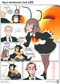 antennae_(anatomy) big_breasts black_antennae black_clothing black_dress blue_eyes blue_necktie bodily_fluids breasts brown_hair cleavage clothed clothing container cup dress ellipsis eyes_closed female food group hair happy honey_(food) humanoid_pointy_ears maid_uniform male medium_breasts necktie open_mouth pointy_ears saliva saliva_string short_hair simple_background smile sparkles spitting standing text trio uniform white_background white_body randomtanstudio ryu's_non_monster_cafe yaranaika agatha_stuart_brightshire niko_(randomtanstudio) animal_humanoid ant ant_humanoid arthropod arthropod_humanoid bee_humanoid elf honeypot_ant humanoid hymenopteran hymenopteran_humanoid insect insect_humanoid comic english_text hi_res japanese_text meme