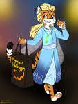 anthro black_nose blue_clothing blue_dress blue_eyes candy clothing dessert dress eating female food holding_candy holding_food holding_object holding_shopping_bag holidays looking_aside simple_background smile solo halcy0n halloween felid mammal pantherine tiger 2022 3:4 hi_res