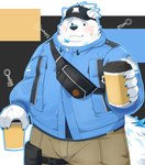 anthro bandage bandage_on_face beverage blue_eyes blush clothing coffee fur hat headgear headwear jacket male overweight solo topwear white_body white_fur ruoain lifewonders live_a_hero yohack canid canine canis domestic_dog mammal nordic_sled_dog samoyed spitz absurd_res hi_res