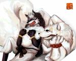 anthro black_body black_fur bottomwear clothed clothing duo eyes_closed fur humanoid_hands male pants sitting white_body white_fur luluangel gingitsune gintaro tetsuro canid canine canis fox mammal wolf 2015